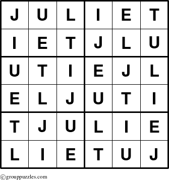 The grouppuzzles.com Answer grid for the Juliet puzzle for 