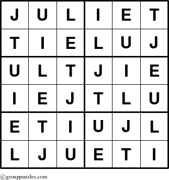 The grouppuzzles.com Answer grid for the Juliet puzzle for 