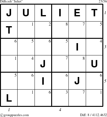 The grouppuzzles.com Difficult Juliet puzzle for  with all 8 steps marked