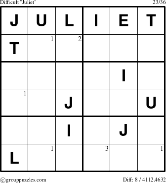 The grouppuzzles.com Difficult Juliet puzzle for  with the first 3 steps marked