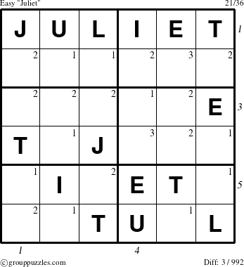 The grouppuzzles.com Easy Juliet puzzle for  with all 3 steps marked