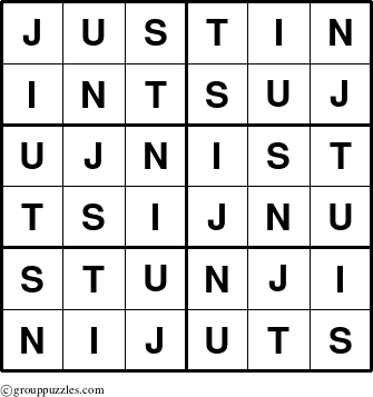 The grouppuzzles.com Answer grid for the Justin puzzle for 