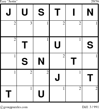 The grouppuzzles.com Easy Justin puzzle for  with the first 3 steps marked