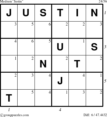 The grouppuzzles.com Medium Justin puzzle for  with all 6 steps marked