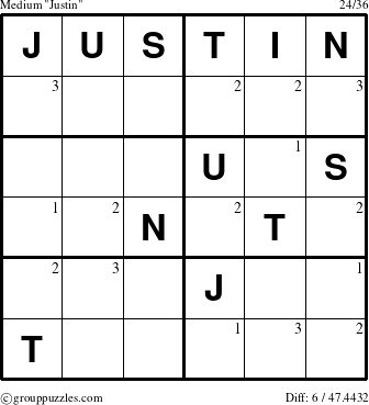 The grouppuzzles.com Medium Justin puzzle for  with the first 3 steps marked