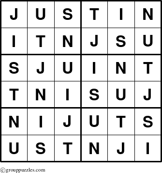 The grouppuzzles.com Answer grid for the Justin puzzle for 