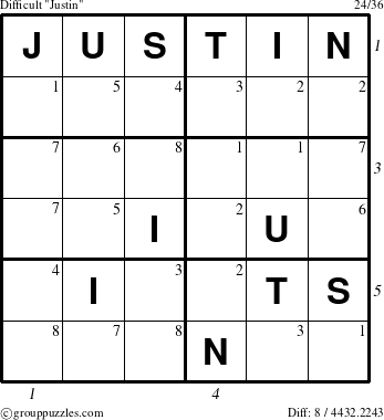 The grouppuzzles.com Difficult Justin puzzle for , suitable for printing, with all 8 steps marked