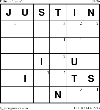 The grouppuzzles.com Difficult Justin puzzle for  with the first 3 steps marked