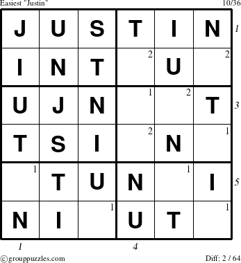 The grouppuzzles.com Easiest Justin puzzle for , suitable for printing, with all 2 steps marked