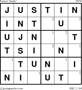 The grouppuzzles.com Easiest Justin puzzle for  with the first 2 steps marked