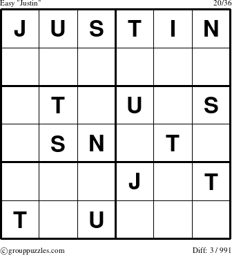The grouppuzzles.com Easy Justin puzzle for 