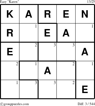 The grouppuzzles.com Easy Karen puzzle for  with the first 3 steps marked