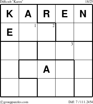 The grouppuzzles.com Difficult Karen puzzle for  with the first 3 steps marked