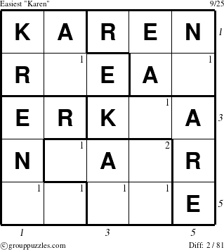 The grouppuzzles.com Easiest Karen puzzle for  with all 2 steps marked