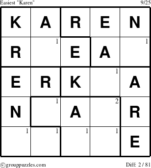The grouppuzzles.com Easiest Karen puzzle for  with the first 2 steps marked