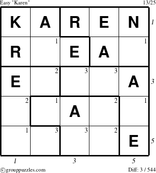 The grouppuzzles.com Easy Karen puzzle for  with all 3 steps marked