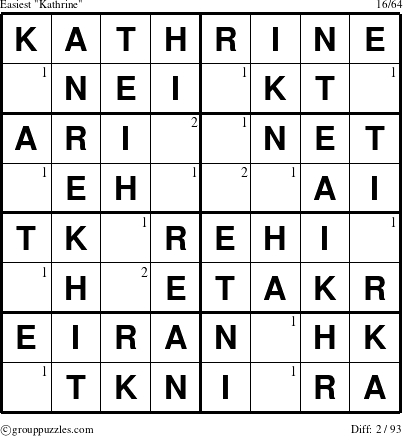 The grouppuzzles.com Easiest Kathrine puzzle for  with the first 2 steps marked