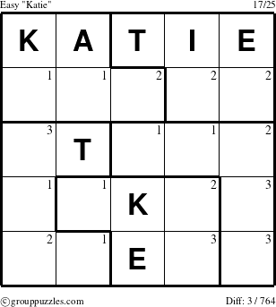The grouppuzzles.com Easy Katie puzzle for  with the first 3 steps marked