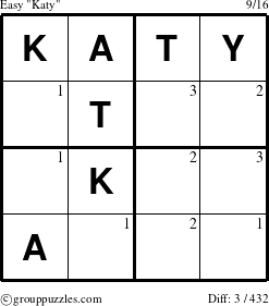 The grouppuzzles.com Easy Katy puzzle for  with the first 3 steps marked