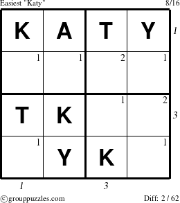 The grouppuzzles.com Easiest Katy puzzle for , suitable for printing, with all 2 steps marked