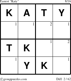 The grouppuzzles.com Easiest Katy puzzle for  with the first 2 steps marked