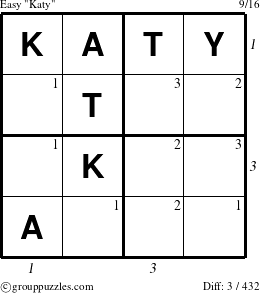 The grouppuzzles.com Easy Katy puzzle for  with all 3 steps marked