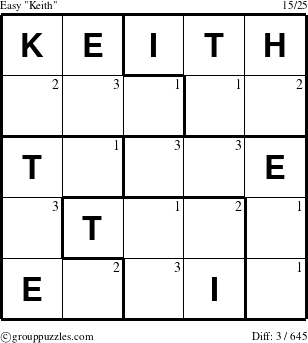 The grouppuzzles.com Easy Keith puzzle for  with the first 3 steps marked