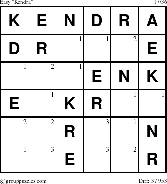 The grouppuzzles.com Easy Kendra puzzle for  with the first 3 steps marked