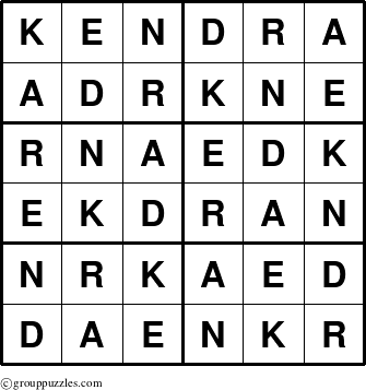 The grouppuzzles.com Answer grid for the Kendra puzzle for 