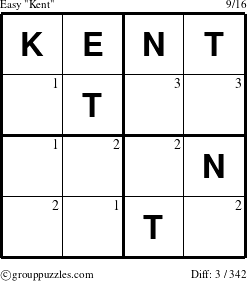 The grouppuzzles.com Easy Kent puzzle for  with the first 3 steps marked