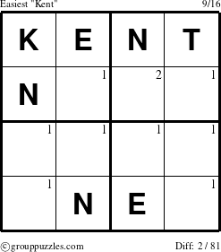 The grouppuzzles.com Easiest Kent puzzle for  with the first 2 steps marked
