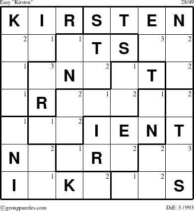 The grouppuzzles.com Easy Kirsten puzzle for  with the first 3 steps marked