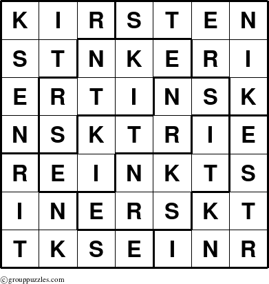 The grouppuzzles.com Answer grid for the Kirsten puzzle for 