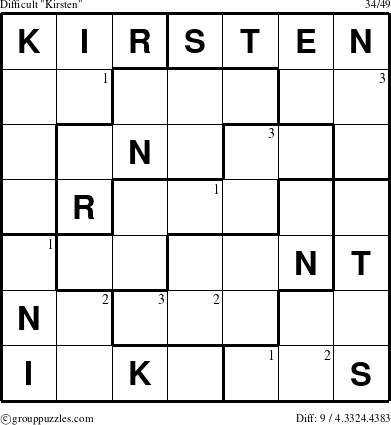 The grouppuzzles.com Difficult Kirsten puzzle for  with the first 3 steps marked