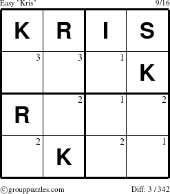 The grouppuzzles.com Easy Kris puzzle for  with the first 3 steps marked