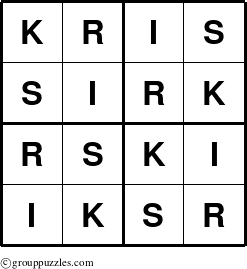 The grouppuzzles.com Answer grid for the Kris puzzle for 