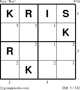 The grouppuzzles.com Easy Kris puzzle for  with all 3 steps marked