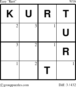 The grouppuzzles.com Easy Kurt puzzle for  with the first 3 steps marked