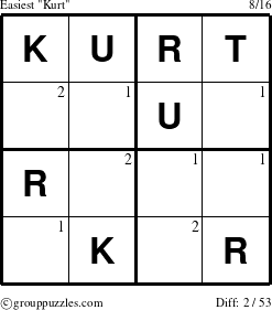 The grouppuzzles.com Easiest Kurt puzzle for  with the first 2 steps marked