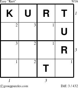 The grouppuzzles.com Easy Kurt puzzle for  with all 3 steps marked