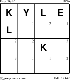 The grouppuzzles.com Easy Kyle puzzle for  with the first 3 steps marked