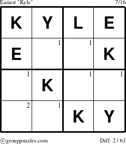 The grouppuzzles.com Easiest Kyle puzzle for  with the first 2 steps marked