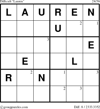 The grouppuzzles.com Difficult Lauren puzzle for  with the first 3 steps marked