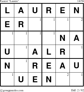 The grouppuzzles.com Easiest Lauren puzzle for  with the first 2 steps marked