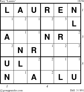 The grouppuzzles.com Easy Lauren puzzle for  with all 3 steps marked