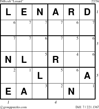 The grouppuzzles.com Difficult Lenard puzzle for  with all 7 steps marked