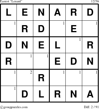 The grouppuzzles.com Easiest Lenard puzzle for  with the first 2 steps marked