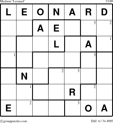 The grouppuzzles.com Medium Leonard puzzle for  with the first 3 steps marked