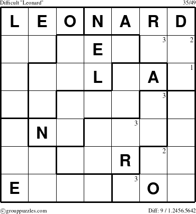 The grouppuzzles.com Difficult Leonard puzzle for  with the first 3 steps marked