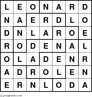 The grouppuzzles.com Answer grid for the Leonard puzzle for 